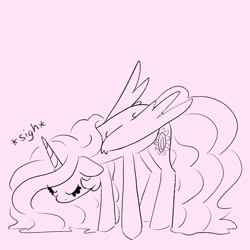 Size: 2048x2048 | Tagged: safe, artist:pigzfairy, derpibooru import, part of a set, princess celestia, g4, eyes closed, horn, looking down, sigh, sketch, solo