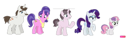 Size: 1919x576 | Tagged: safe, artist:batmuties, artist:selenaede, derpibooru import, cookie crumbles, hondo flanks, rarity, sweetie belle, oc, oc:rugby pizelle, pony, unicorn, g4, base used, father and child, father and daughter, father and son, female, filly, foal, group, male, mare, mother and child, mother and daughter, mother and son, offspring, parent and child, parent:cookie crumbles, parent:hondo flanks, parents:cookieflanks, simple background, stallion, transparent background