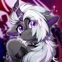 Size: 1500x1500 | Tagged: safe, artist:swaybat, derpibooru import, oc, oc only, oc:jinx kurai, kirin, abstract background, bust, clothes, cloven hooves, collar, eye clipping through hair, heart, horn, kirin oc, looking at you, magic, portrait, scales, smiling, smiling at you, tattoo