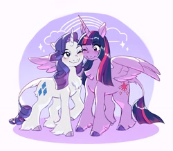 Size: 2948x2576 | Tagged: safe, artist:frogbians, derpibooru import, rarity, twilight sparkle, twilight sparkle (alicorn), alicorn, classical unicorn, pony, unicorn, g4, blushing, chest fluff, cloven hooves, colored hooves, female, horn, leonine tail, lesbian, looking at each other, mare, one eye closed, rarilight, shipping, smiling, smiling at each other, sparkles, tail, unshorn fetlocks