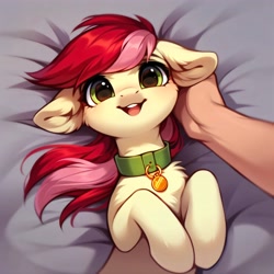 Size: 4096x4096 | Tagged: safe, ai content, derpibooru import, generator:purplesmart.ai, generator:stable diffusion, machine learning generated, roseluck, earth pony, human, pony, g4, bed, behaving like a cat, collar, cute, female, fluffy, hand, human on pony petting, human pov, in bed, looking at you, lying down, mare, offscreen character, offscreen human, open mouth, open smile, pet tag, petting, pony pet, prompter:doom9454, rosepet, smiling, smiling at you