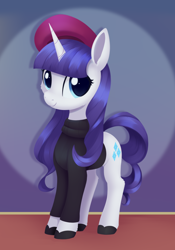 Size: 1736x2480 | Tagged: safe, artist:dusthiel, derpibooru import, rarity, pony, unicorn, g4, beatnik rarity, beret, clothes, female, hat, looking at you, mare, smiling, smiling at you, solo, sweater