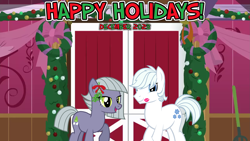 Size: 2063x1161 | Tagged: safe, anonymous artist, artist:destroyerpony, artist:kuren247, artist:somepony, derpibooru import, double diamond, limestone pie, earth pony, g4, 2023, barn, christmas, december, decoration, female, happy holidays, hearth's warming, holiday, kiss mark, limediamond, lipstick, lyrics in the description, male, mare, mistletoe, shipping, smiling, song in the description, stallion, straight, when she smiles, wreath, youtube link in the description