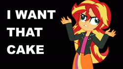 Size: 1920x1080 | Tagged: safe, artist:khuzang, derpibooru import, sunset shimmer, pony, equestria girls, g4, 2013, angry, animated, artifact, clothes, do you want this cake, female, harry partridge, link in description, meme, nicolas cage, nicolas cage wants cake, nostalgia, old art, parody, ponified, skirt, solo, species swap, text, triggered, wall eyed