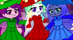 Size: 1944x1080 | Tagged: safe, artist:80ssuperstar, derpibooru import, princess cadance, princess celestia, princess luna, anthro, human, g4, disney, fairy, fauna, female, flora, gacha club, merryweather, sleeping beauty, trio, trio female