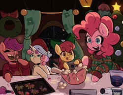 Size: 2048x1583 | Tagged: safe, artist:darkdoubloon, derpibooru import, apple bloom, pinkie pie, scootaloo, sweetie belle, earth pony, pegasus, pony, unicorn, g4, batter, bow, bowl, christmas, christmas sweater, christmas tree, clothes, cutie mark crusaders, female, filly, foal, food, gingerbread (food), hair bow, hat, hearth's warming, holiday, implied rarity, implied twilight sparkle, mare, mixer, open mouth, salt shaker, santa hat, smiling, snow, sweater, tongue, tongue out, tree, winter