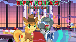 Size: 2064x1161 | Tagged: safe, anonymous artist, artist:floppychiptunes, artist:somepony, derpibooru import, braeburn, marble pie, earth pony, g4, 2023, boutonnière, braeble, canterlot, canterlot castle interior, christmas, clothes, cowboy hat, december, decoration, dress, female, gala, happy holidays, hat, hearth's warming, holiday, kiss mark, lipstick, lyrics in the description, male, mare, mistletoe, party, shipping, smiling, song in the description, stallion, straight, youtube link in the description