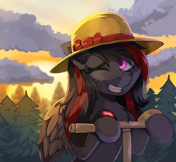 Size: 2223x2048 | Tagged: safe, artist:freak-side, derpibooru import, oc, oc only, pegasus, forest, hat, nature, one eye closed, solo, tree