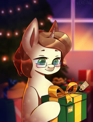 Size: 1522x2000 | Tagged: safe, artist:erein, derpibooru import, oc, oc only, oc:shinary, crystal pony, pony, unicorn, blushing, brown mane, bust, chibi, christmas, christmas lights, christmas presents, christmas tree, commission, crystal pony oc, cute, ears up, garland, glasses, holiday, horn, icon, indoors, male, portrait, present, room, smiling, solo, string lights, tree, unicorn oc, window, wings, ych result