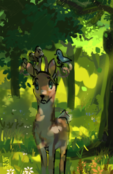 Size: 952x1460 | Tagged: safe, artist:laymy, derpibooru import, fluttershy, bird, deer, g4, deerified, flutterdeer, forest, nature, signature, solo, species swap, tree