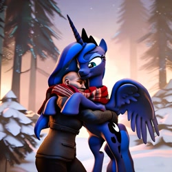 Size: 1148x1148 | Tagged: safe, ai content, derpibooru import, generator:purplesmart.ai, generator:stable diffusion, machine learning generated, princess luna, alicorn, human, pony, g4, clothes, feral, forest, hug, hugging a pony, nature, not sfm, prompter:thegoldenmonk, scarf, shared clothing, shared scarf, snow, sunrise, sunset, tree, wings