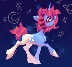 Size: 2143x1995 | Tagged: safe, artist:bishopony, derpibooru import, oc, oc only, pony, unicorn, bipedal, blue background, blush scribble, blushing, coat markings, glasses, looking up, open mouth, open smile, simple background, smiling, solo