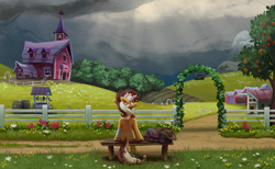 Size: 3400x2100 | Tagged: safe, artist:teaflower300, derpibooru import, oc, oc only, earth pony, unicorn, apple, apple tree, applejack's barn, barrel, bench, cloud, cloudy, commission, cowboy hat, crepuscular rays, facing away, fence, flower, hat, high res, overcast, scenery, scenery porn, sitting, solo, sweet apple acres, tree, well