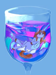 Size: 700x933 | Tagged: source needed, safe, artist:mavro etis, derpibooru import, oc, oc:sertpony, earth pony, pony, air bubble, blue background, bubble, commission, concave belly, cup, cup of pony, glass, head turn, hooves to the chest, lying down, micro, on back, simple background, slender, solo, thin, underwater, unshorn fetlocks, water, ych result