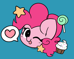 Size: 3050x2442 | Tagged: safe, artist:kittyrosie, derpibooru import, pinkie pie, earth pony, pony, g4, ;p, blue background, candy, cupcake, cute, diapinkes, female, food, heart, lollipop, looking at you, mare, one eye closed, simple background, solo, stars, tongue, tongue out, wink, winking at you