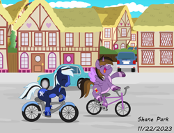 Size: 8500x6501 | Tagged: safe, artist:creedyboy124, derpibooru import, oc, oc only, oc:ghostpony, oc:princess kincade, alicorn, pony, bicycle, car, female, male, mare, stallion, street, together