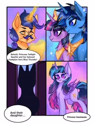 Size: 3160x4128 | Tagged: source needed, safe, artist:gaia, derpibooru import, twilight sparkle, twilight sparkle (alicorn), oc, oc:blue thunder, alicorn, comic, family, king, love, princess, queen