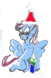 Size: 1056x1601 | Tagged: safe, artist:homeshine, derpibooru import, oc, oc only, oc:homeshine, pegasus, pony, 2024 community collab, blushing, christmas, derpibooru community collaboration, female, glasses, hat, holiday, pegasus oc, present, santa hat, simple background, solo, traditional art, transparent background