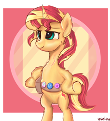 Size: 2100x2300 | Tagged: safe, artist:weiling, derpibooru import, sunset shimmer, pony, unicorn, equestria girls, g4, mirror magic, spoiler:eqg specials, abstract background, bipedal, chest fluff, eyebrows, eyebrows visible through hair, high res, passepartout, simple background, smiling, solo, starlight glimmer's cutie mark, trixie's cutie mark, twilight sparkle's cutie mark
