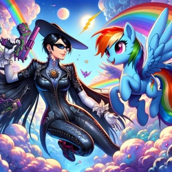 Size: 1024x1024 | Tagged: safe, ai content, artist:user15432, derpibooru import, generator:bing image creator, machine learning generated, rainbow dash, human, pegasus, pony, alternate cutie mark, bayonetta, bayonetta (character), cloud, crossover, flying, gun, hat, looking at each other, moon, open mouth, open smile, rainbow, rainbows, smiling, stars, sun, umbra witch, weapon, witch, witch hat