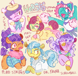 Size: 1017x996 | Tagged: safe, artist:tottallytoby, derpibooru import, doctor fauna, plaid stripes, posey shy, screwball, spring step, sunlight spring, suri polomare, earth pony, pegasus, pony, g4, :d, alternate design, bags under eyes, beret, cheerleader, cheerleader outfit, chest fluff, clothes, colored eartips, colored hooves, colored wings, colored wingtips, ear piercing, ear tufts, earring, female, freckles, glasses, group, hat, jewelry, leg freckles, lidded eyes, lipstick, mare, mismatched hooves, necklace, open mouth, open smile, pale belly, piercing, pleated skirt, pom pom, propeller hat, raised hoof, raised leg, round glasses, scarf, scrunchie, sextet, shirt, simple background, skirt, smiling, socks, swirly eyes, tail, tail bun, tongue, tongue out, wings, yellow background, yellow tongue