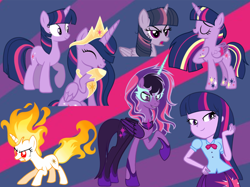 Size: 1366x1024 | Tagged: safe, artist:starlingsentry27, derpibooru import, mean twilight sparkle, midnight sparkle, princess twilight 2.0, sci-twi, twilight sparkle, twilight sparkle (alicorn), unicorn twilight, alicorn, pony, unicorn, equestria girls, g4, the last problem, eyes closed, female, mare, older, older twilight, older twilight sparkle (alicorn), rainbow power, raised hoof, raised leg, rapidash twilight