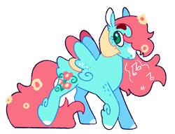 Size: 2048x1563 | Tagged: safe, artist:goatpaste, derpibooru import, thistle whistle, pegasus, pony, g3, :o, alternate design, coat markings, colored hooves, colored wings, facial markings, female, flower, flower in hair, freckles, leg freckles, mare, multicolored wings, open mouth, raised hoof, raised leg, simple background, snip (coat marking), solo, spread wings, white background, wing freckles, wings