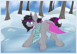 Size: 5000x3492 | Tagged: safe, artist:ezzerie, derpibooru import, oc, oc only, oc:extra warm, bat pony, pony, clothes, ice, scarf, secret santa, shaking, skating, slipping, snow, snowfall, solo, striped scarf, tree, winter