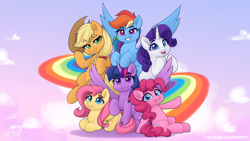 Size: 2496x1404 | Tagged: safe, artist:rivin177, derpibooru import, applejack, fluttershy, pinkie pie, rainbow dash, rarity, twilight sparkle, twilight sparkle (alicorn), alicorn, earth pony, pegasus, pony, unicorn, g4, cloud, eyebrows, eyebrows visible through hair, gradient background, hat, hooves, horn, looking at you, mane six, rainbow, rainbow road, raised hoof, raised leg, sitting, sky, smiling, spread wings, teeth, wings