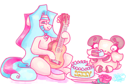 Size: 3600x2400 | Tagged: safe, artist:mannybcadavera, derpibooru import, oc, oc only, oc:sigvard, oc:tapita, earth pony, goat, pony, acoustic guitar, birthday cake, cake, duo, food, guitar, high res, hoof hold, male, musical instrument, simple background, stallion, white background