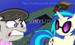 Size: 640x388 | Tagged: safe, derpibooru import, edit, dj pon-3, octavia melody, vinyl scratch, earth pony, pony, unicorn, g4, angry, black mane, block, blocks, blue mane, blue tail, bowtie, chest, colored text, duo, female, game, game screencap, glasses, grass, gray fur, gritted teeth, mare, memeful.com, minecraft, quiet, sky, stuck together, tail, teeth, text, this will end in tears, upset, vector, vector edit