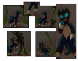 Size: 2166x1701 | Tagged: safe, artist:aero_moon, derpibooru import, oc, oc:azulito, oc:facade, changeling, earth pony, pony, blue coat, cave, changeling horn, comic, green mane, green tail, horn, latex, latex mask, living latex, living mask, male, mask, possessed, possession, tail