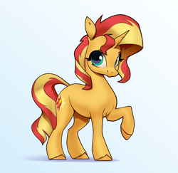Size: 2880x2805 | Tagged: safe, artist:aquaticvibes, derpibooru import, sunset shimmer, pony, unicorn, g4, female, gradient background, high res, looking at you, mare, raised hoof, raised leg, simple background, smiling, smiling at you, solo