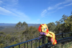 Size: 4928x3264 | Tagged: safe, artist:ponimalion, derpibooru import, photographer:misterdogg, sunset shimmer, alicorn, pony, alicornified, australia, capertee, capertee valley, clothes, ear fluff, ears, fence, irl, photo, plushie, race swap, socks, striped socks, tail, tail fluff