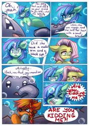 Size: 3508x4961 | Tagged: safe, artist:chaosangeldesu, derpibooru import, fluttershy, oc, oc:flaming hoof, oc:star breeze, octopus, pegasus, pony, seapony (g4), ><, bubble, comic, crepuscular rays, cross-popping veins, dorsal fin, emanata, eyes closed, fin, fins, fish tail, flowing mane, flowing tail, ocean, seaponified, seapony fluttershy, species swap, sunlight, swimming, tail, underwater, water