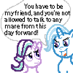 Size: 300x300 | Tagged: safe, artist:alumina nitride, derpibooru import, starlight glimmer, trixie, unicorn, g4, dialogue box, meme, pixel art, simple background, text, white background