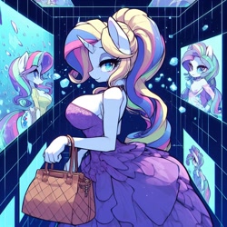 Size: 1024x1024 | Tagged: safe, ai content, derpibooru import, machine learning generated, oc, oc only, anthro, abstract background, adorasexy, bag, big breasts, breasts, bubble, butt, clothes, curvy, cute, doppelganger, dress, female, handbag, hourglass figure, large butt, looking at you, not rarity, prompter:horselover fat, purse, sexy, sideboob, surreal, underwater, water, wedding dress