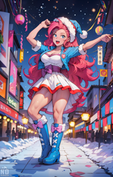 Size: 1536x2407 | Tagged: safe, ai content, derpibooru import, generator:seaart.ai, machine learning generated, pinkie pie, human, g4, boots, christmas, fit, holiday, humanized, muscles, prompter:neondash, shoes, slender, snow, thin