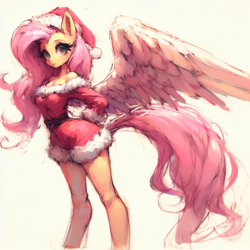 Size: 2048x2048 | Tagged: safe, ai content, derpibooru import, generator:bing image creator, machine learning generated, fluttershy, anthro, pegasus, g4, christmas, clothes, costume, hat, hips, holiday, prompter:krivovyaz, santa costume, santa hat, simple background, solo