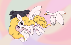 Size: 2942x1858 | Tagged: safe, artist:violavaquita, derpibooru import, surprise, bird, crow, pegasus, pony, swan, g1, female, flying, mare, open mouth, spread wings, wings