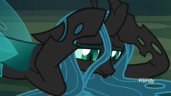Size: 1024x576 | Tagged: safe, derpibooru import, screencap, ocellus, queen chrysalis, changeling, changeling queen, g4, what lies beneath, discovery family, discovery family logo, frown, logo