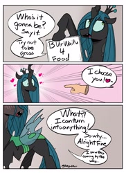 Size: 2157x2962 | Tagged: safe, artist:icey, derpibooru import, queen chrysalis, oc, oc:anon, changeling, human, g4, blushing, bugbutt, butt, comic, cute, cutealis, eyeroll, flustered, heart, sign, simple background, tsundere, waifu