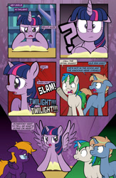 Size: 1920x2948 | Tagged: safe, artist:alexdti, derpibooru import, twilight sparkle, twilight sparkle (alicorn), oc, oc:brainstorm (alexdti), oc:purple creativity, oc:star logic, alicorn, pegasus, pony, unicorn, comic:quest for friendship retold, g4, book, twilight's castle