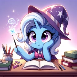 Size: 4096x4096 | Tagged: safe, ai content, derpibooru import, generator:bing image creator, machine learning generated, trixie, pony, unicorn, g4, book, chibi, clothes, cute, desk, hat, magic, prompter:dhayi, solo, wand, wizard hat