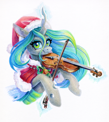 Size: 1076x1200 | Tagged: safe, artist:maytee, derpibooru import, queen chrysalis, changeling, changeling queen, g4, bow (instrument), christmas, clothes, commission, costume, hat, holiday, musical instrument, santa costume, santa hat, simple background, smiling, solo, traditional art, violin, white background