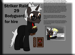 Size: 3000x2230 | Tagged: safe, artist:cardshark777, derpibooru import, derpy hooves, oc, oc:striker raid, pegasus, unicorn, g4, backstory, black suit, bodyguard, bondage, book, clothes, cuddling, dialogue, female, gag, glasses, holding, hoof hold, hoof shoes, horn, hug, looking at you, male, mare, necktie, reference sheet, shading, shoes, smiling, speech, stallion, standing, suit, talking, tape, tape bondage, tape gag, text, unicorn oc