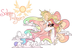 Size: 1920x1294 | Tagged: safe, artist:mrufka69, derpibooru import, oc, oc only, oc:solar eclipse, alicorn, pony, alicorn oc, bust, chest fluff, closed mouth, cloud mane, colored pinnae, crown, curved horn, ear fluff, ears, ethereal mane, eyeshadow, female, freckles, gradient horn, gradient mane, head turn, horn, jewelry, lidded eyes, makeup, mare, portrait, regalia, simple background, smiling, solo, sparkly mane, spiked horn, transparent background, wings