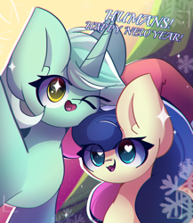 Size: 2300x2650 | Tagged: safe, artist:miryelis, derpibooru import, bon bon, lyra heartstrings, sweetie drops, earth pony, pony, unicorn, g4, big ears, cute, ears, female, happy new year, happy new year 2024, heart, heart eyes, holiday, looking at you, mare, one eye closed, smiling, text, wingding eyes