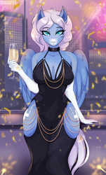 Size: 1872x3100 | Tagged: safe, artist:munrei, derpibooru import, oc, oc only, oc:icy heart, anthro, pegasus, absolute cleavage, alcohol, bedroom eyes, blue eyes, breasts, city, cleavage, clothes, commission, dress, drink, female, fireworks, happy new year, happy new year 2024, holiday, looking at you, solo, wingding eyes, wings