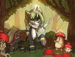 Size: 2113x1599 | Tagged: safe, artist:freak-side, derpibooru import, oc, oc only, pony, unicorn, bag, forest, magic, mushroom, nature, saddle bag, solo, sword, telekinesis, tree, weapon